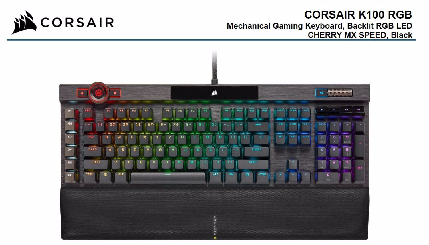 Corsair K100 RGB, Cherry MX Speed, Axon 44-Zone RGB, PBT Double-Shot Keycaps, Black, Mechanical Gaming Keyboard