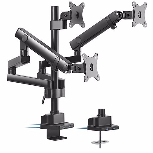 Brateck Triple Monitor Aluminum Slim Pole Held Mechanical Spring Monitor Arm Fit Most 17'-27' Monitors Up To 7KG Per Screen Vesa 75X75/100X100