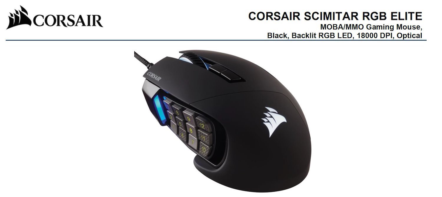 Corsair Scimitar RGB Elite Black Gaming Mice, 17 Programmable Buttons, 18,000 Dpi