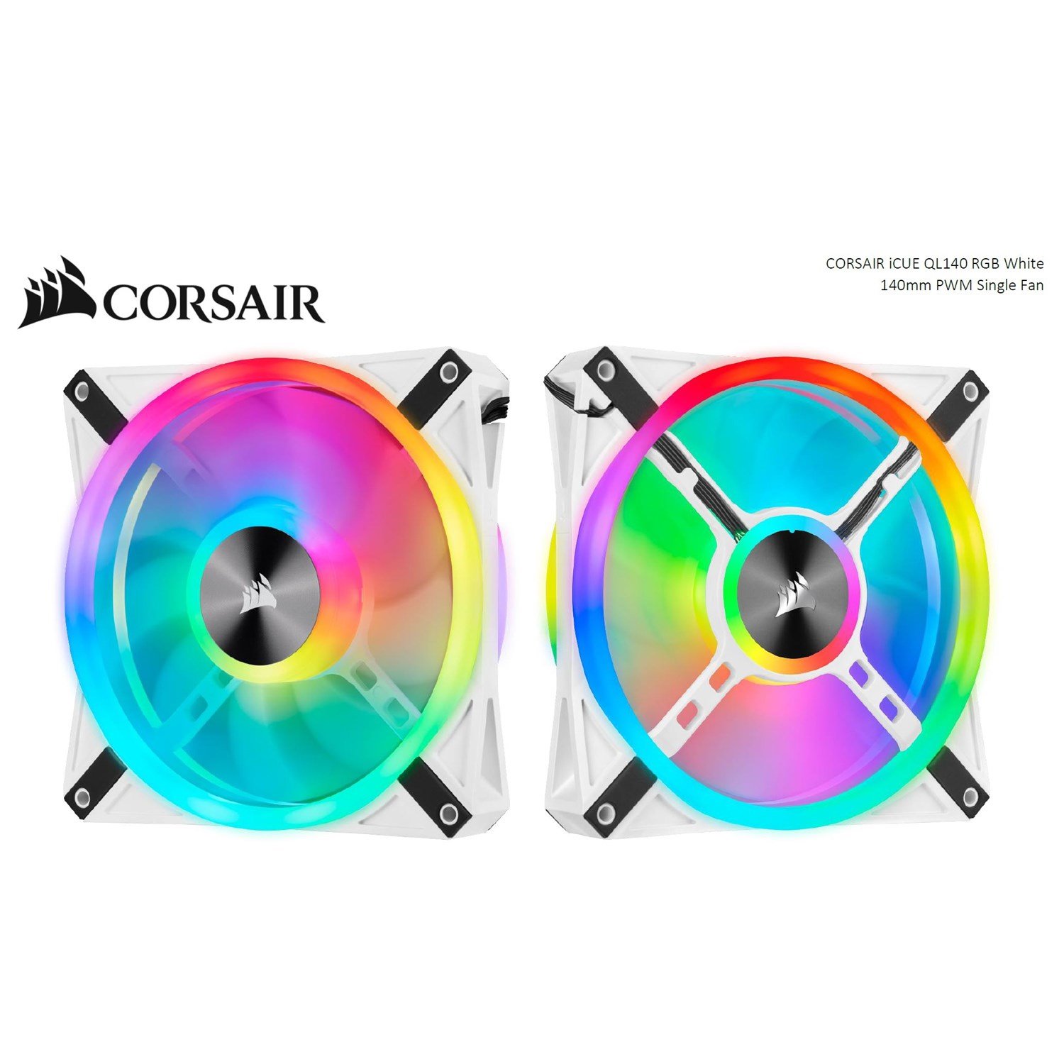 Corsair QL140 RGB White, Icue, 140MM RGB Led PWM Fan 26dBA, 50.2 CFM, Single Pack