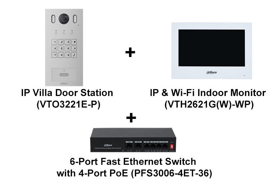 Dahua Vto3221e-P+Vth2621gw-Wp+Pfs3006-4Et-36 White Surface Intercom Kit,3Yr