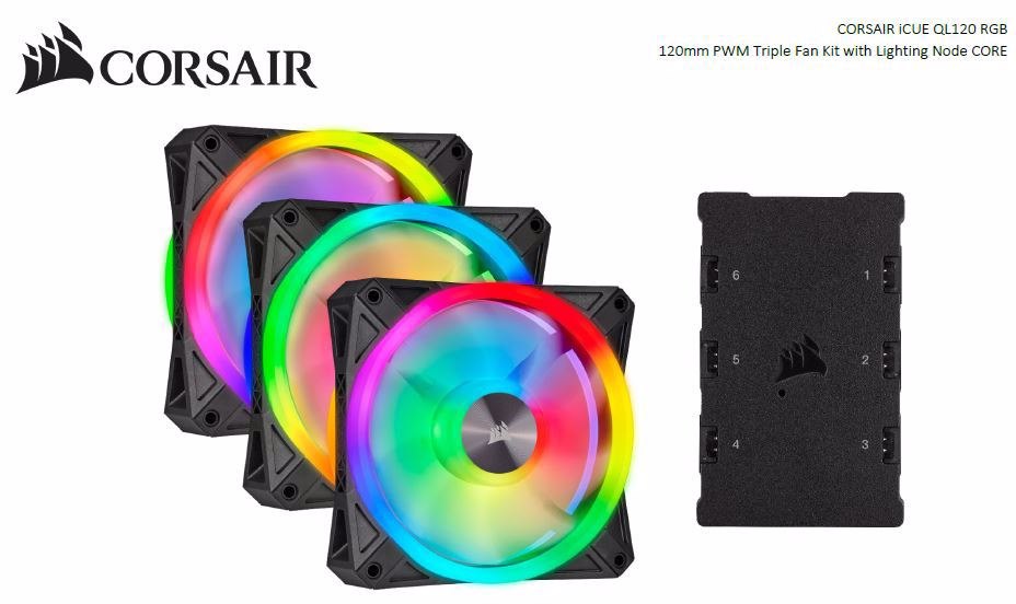 Corsair QL Series, QL120 RGB, 120MM RGB Led Fan, Triple Pack With Lighting Node Core