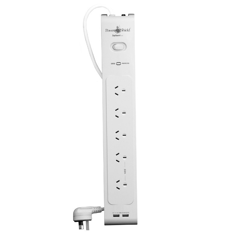 PowerShield Psz5u2 ZapGuard 5 Way Power Surge Filter Board, 2 X Usb Connectors, Wide Spaced Sockets, Wall Mountable, White