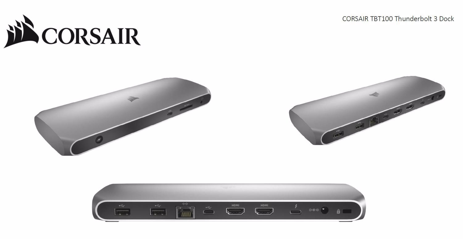 Corsair TBT100 Thunderbolt 3 Dock, TB, 2X Usb-C 3.2, 2X Usb-A 3.1, 2X Hdmi 4K 60Hz, 3.5MM Audio, GB Ethernet, SD Uhs-Ii Slim Aluminum Dock. Mac MS