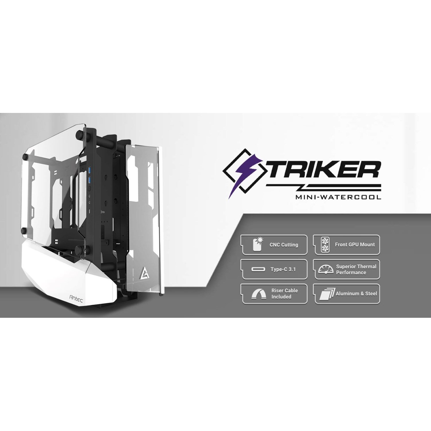 Antec Striker Open Frame Mini-ITX Aluminium And Steel Case, Pci-E Riser Cable Included. Usb 3.1 Type-C, Aluminium Steel, Superior Thermal Performance