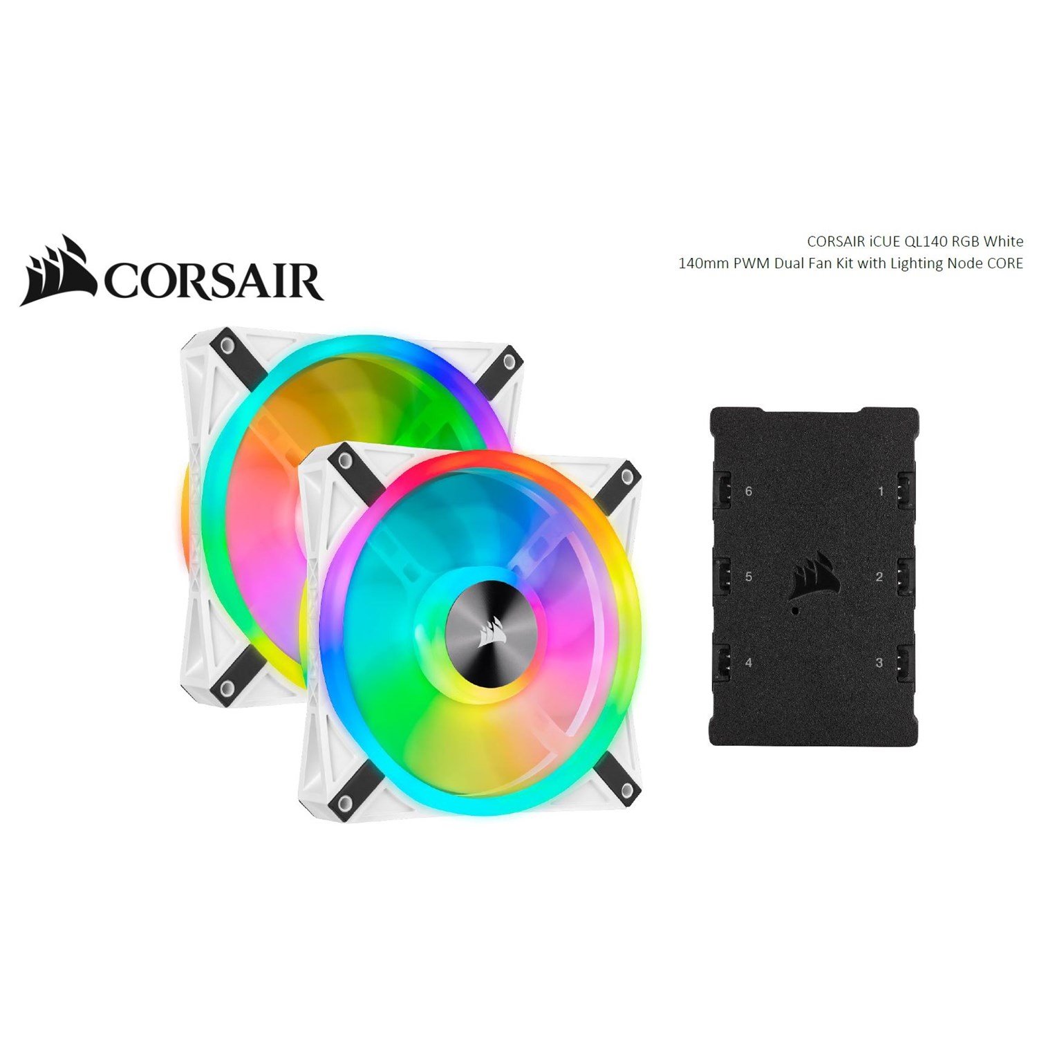 Corsair QL140 RGB White Dual Fan Kit With Lighting Node Core, Icue, 140MM RGB Led PWM Fan 26dBA, 50.2 CFM, 2 Fan Pack