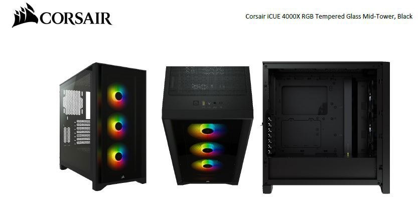 Corsair Carbide Series 4000X RGB E-Atx, Atx, Tempered Glass Front & Side. Black,3X 120MM RGB Fans Pre-Installed. Usb 3.0 And Type-C X 1, Pci 7+2, Case