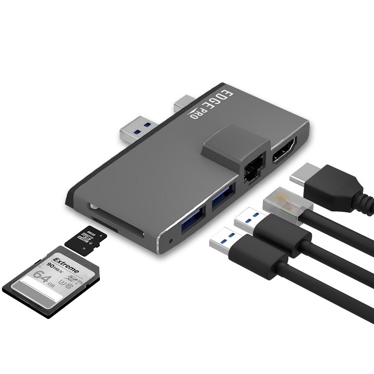 mBeat Edge Pro Multifunction Usb- C Hub For Microsoft Surface Pro 5/6 Metal Grey (Hdmi, Lan, Usb 3.0 Hub, Card Reader)