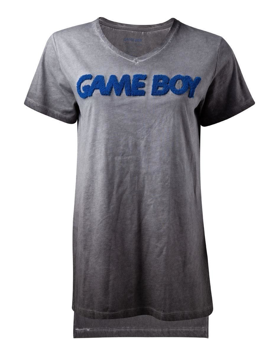 Nintendo Gameboy T-Shirt Crew Neck Short Sleeve (Nintendo Gameboy 3D Logo Oil Washed T-Shirt Female Large Grey [TS132506NTN-L])