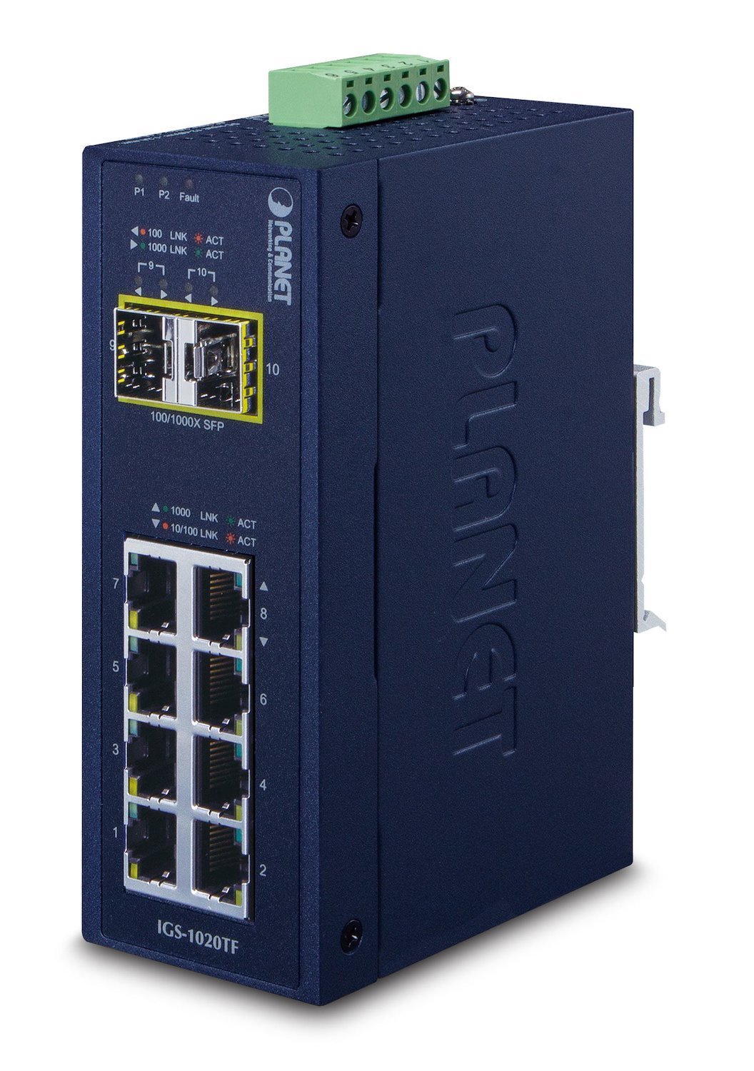 Planet Igs-1020Tf Network Switch Unmanaged Gigabit Ethernet [10/100/1000] Blue (Ip30 Industrial 8-P 10/100/100 - + 2-P 100/1000X SFP Ethernet - Switch [-40~75 Degrees C] - Warranty: 60M)