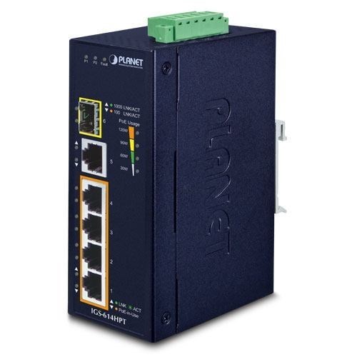 Planet Igs-614Hpt Network Switch Unmanaged Gigabit Ethernet [10/100/1000] Power Over Ethernet [PoE] Blue (Ip40 Industrial 4P 10/100/1000 - 802.3At PoE + 1-P 10/100/1000T - & 1-Port 100/1000X SFP Gigab