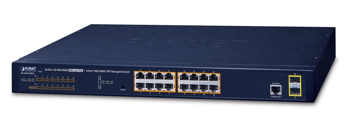 Planet GS-4210-16P2S Network Switch Managed L2/L4 Gigabit Ethernet [10/100/1000] Power Over Ethernet [PoE] 1U Blue (IPv6/IPv4 16-Port Managed - 802.3At Poe+ Gigabit Ethernet - Switch + 2-Port 100/100