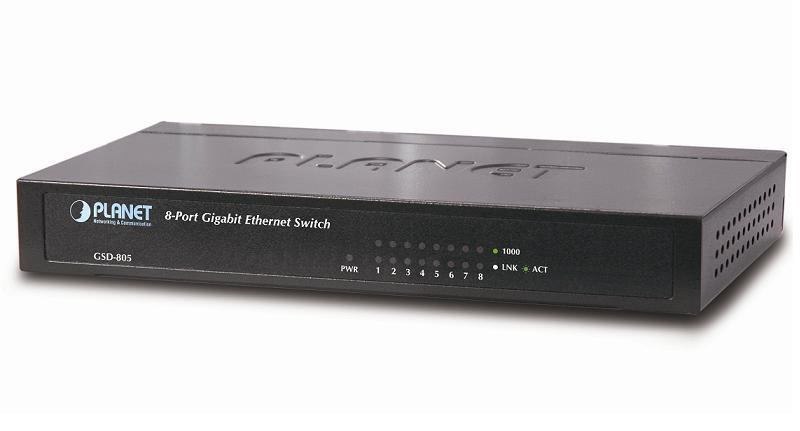 Planet GSD-805 Unmanaged Gigabit Ethernet [10/100/1000] Black (8-Port 1000Base-T Desktop - Gigabit Ethernet Switch - - Internal Power - Warranty: 36M)