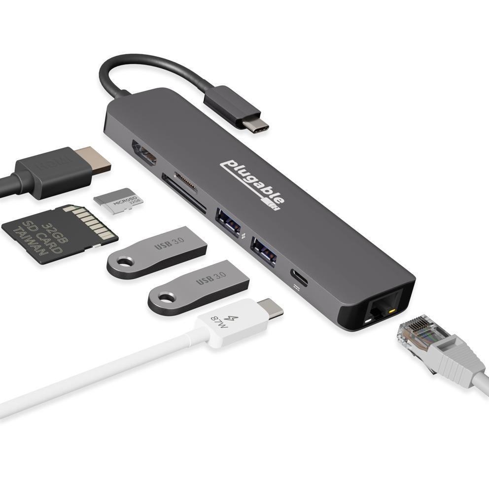 Plugable Technologies 7-In-1 Usb C Hub Multiport Adapter With Ethernet - 87W Charging (Plugable 7-In-1 Usb C Hub With Ethernet)