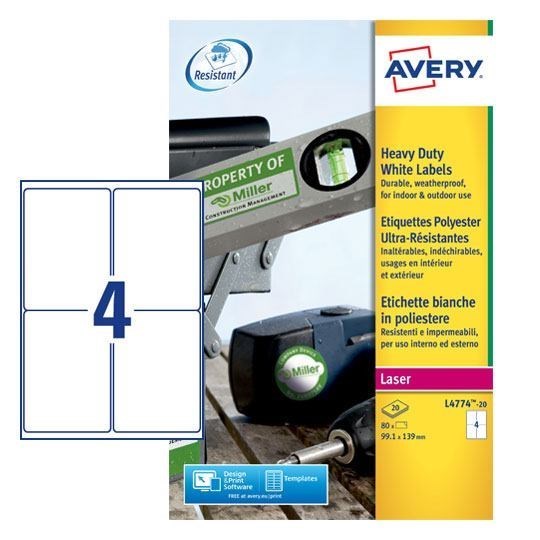 Avery L4774-20 Resistant Labels 20 Sheets - 4 Labels Per Sheet