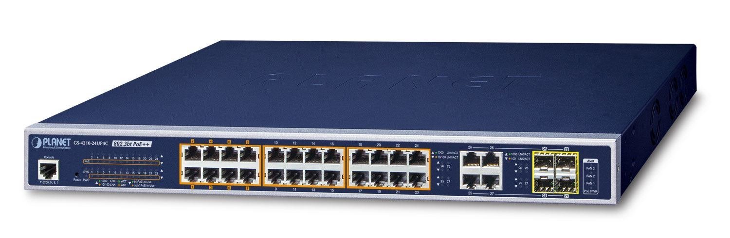 Planet Gs-4210-24Up4c Network Switch Managed L2/L4 Gigabit Ethernet [10/100/1000] Power Over Ethernet [PoE] 1U Blue (IPv6/IPv4 24-Port Managed - 60W Ultra PoE Gigabit Ethernet - Switch + 4-Port Gigab