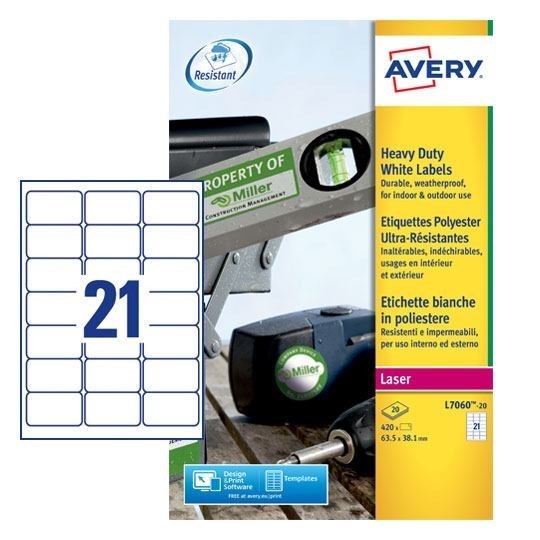 Avery L7060-20 Resistant Labels 20 Sheets - 21 Labels Per Sheet