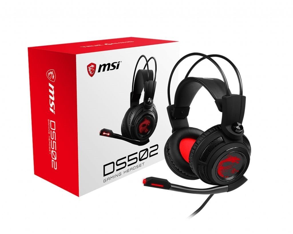 Msi DS502 7.1 Virtual Surround Sound Gaming Headset 'Black With Ambient Dragon Logo Wired Usb Connector 40MM Drivers Inline Smart Audio Controller Ergonomic Design' (H991 - Headset - Full Size - W