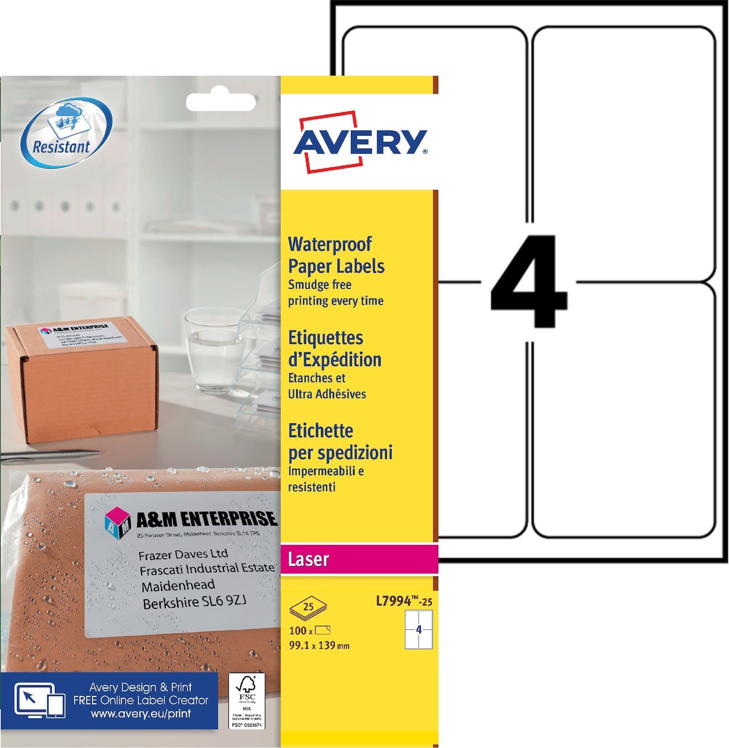 Avery L7994-25 Waterproof Labels 25 Sheets - 4 Labels Per Sheet