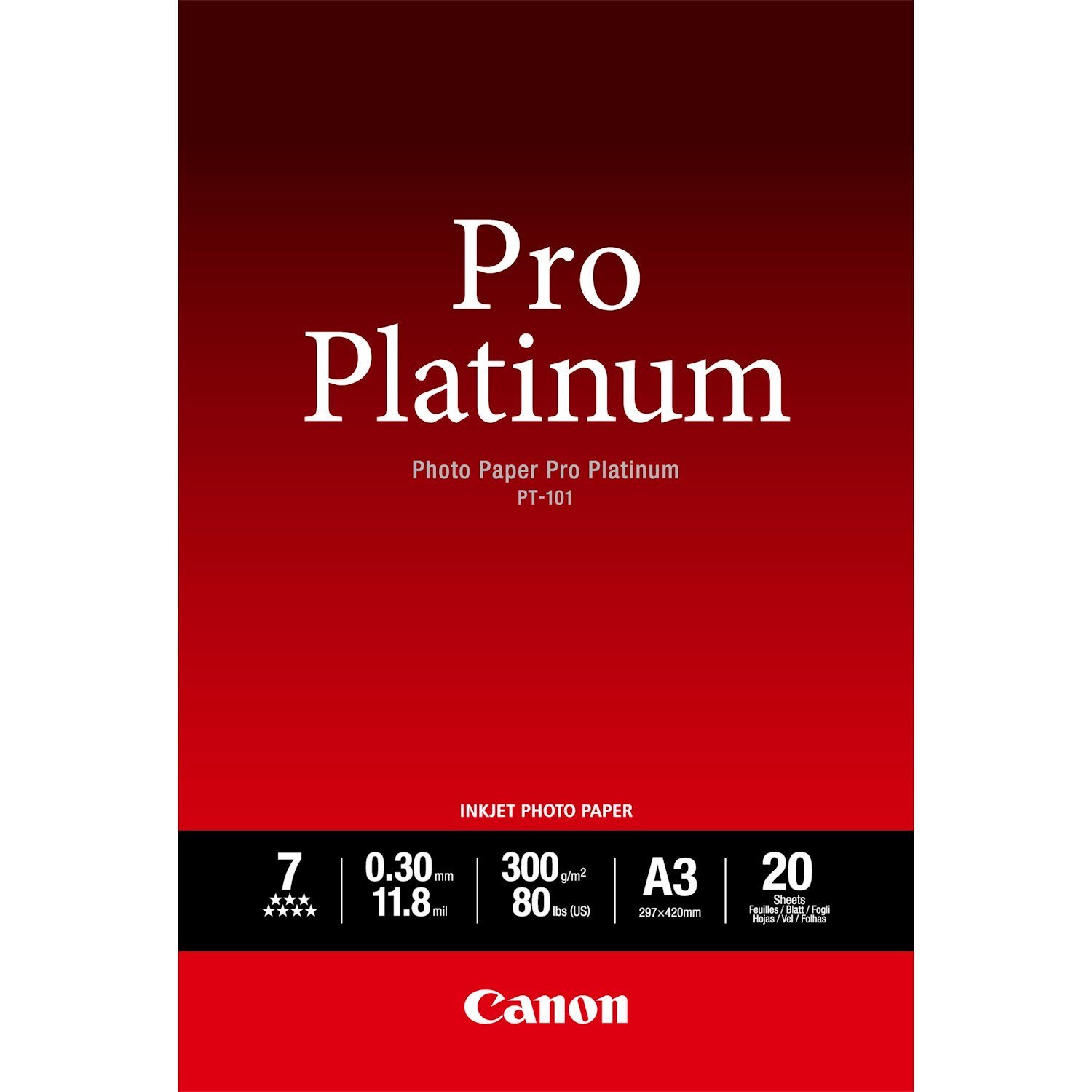 Canon PT-101 Pro Platinum Photo Paper A3 - 20 Sheets (Canon PT-101 A3 Photo Paper 20 Sheets - 2768B017)