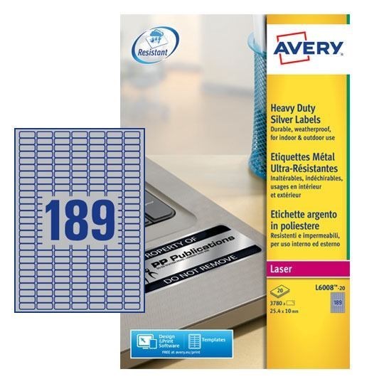 Avery L6008-20 Resistant Labels 20 Sheets - 189 Labels Per Sheet