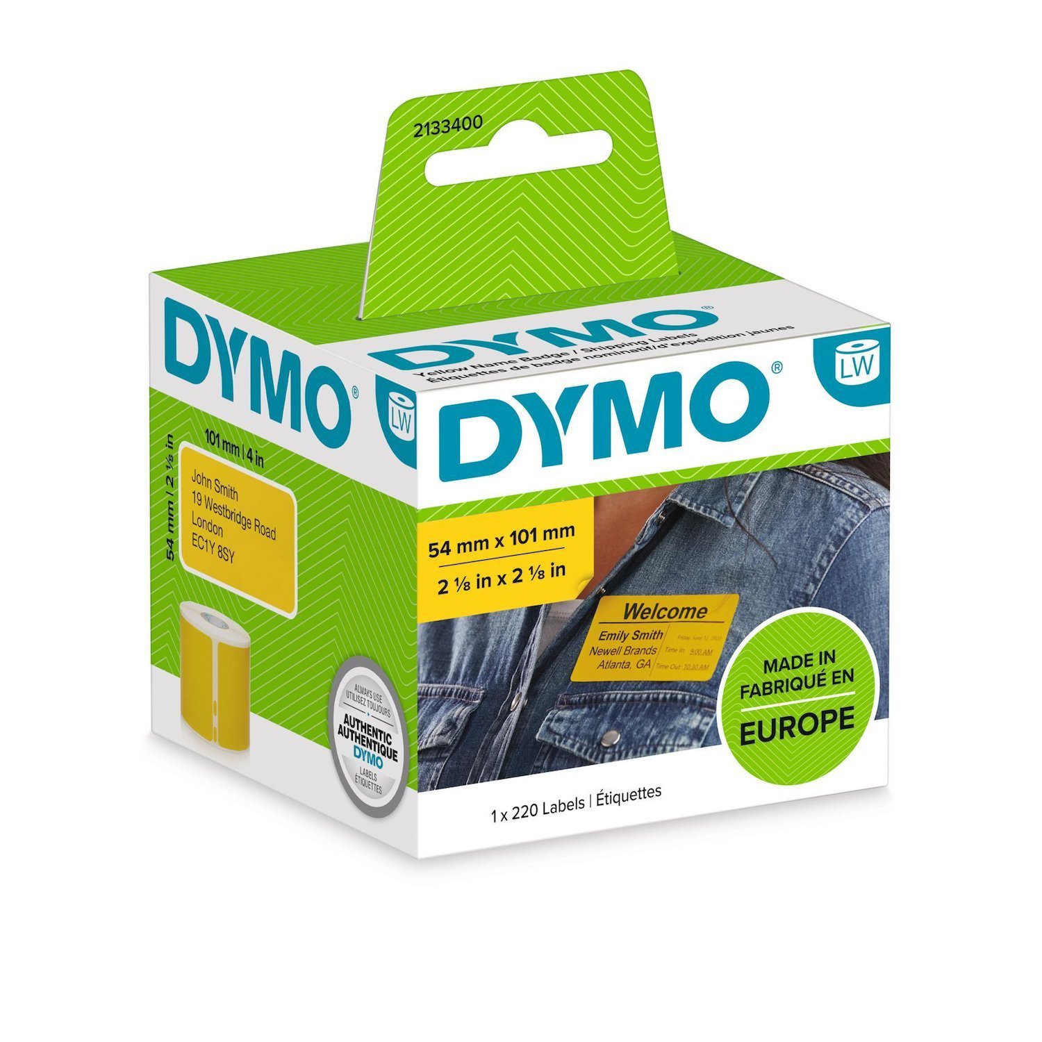 Dymo LW Coloured Shipping/Name Badge Label - 54X101 - 1 Roll Á 220 Labels - 2133400 (Dymo 2133400 54MM X 101MM Shipping And Name Badge Black On Yellow)