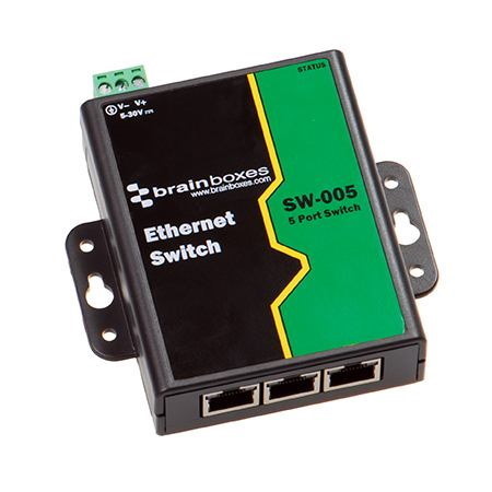 Brainboxes SW-005 Network Switch Unmanaged Fast Ethernet [10/100] Black Green (Ethernet Switch 5 Ports - Industrial Unmanaged - Warranty: 1188M)