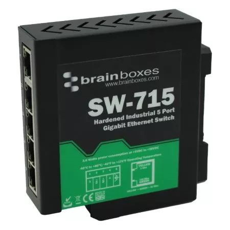Brainboxes SW-715 Network Switch Unmanaged Gigabit Ethernet [10/100/1000] Black Green (Brainboxes Hardened 5P Switch)