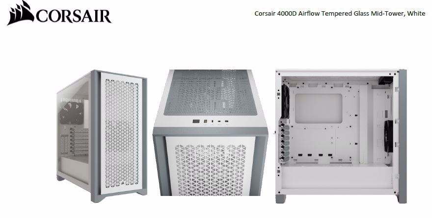 Corsair Carbide Series 4000D Airflow Atx Tempered Glass White, 2X 120MM Fans Pre-Installed. Usb 3.0 X 2, Audio I/O. Case