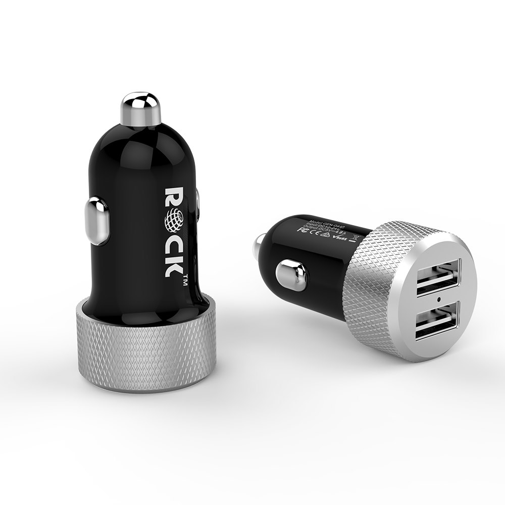 Rock 4.8A Dual Usb Ports Car Charger - Black &Amp; Silver