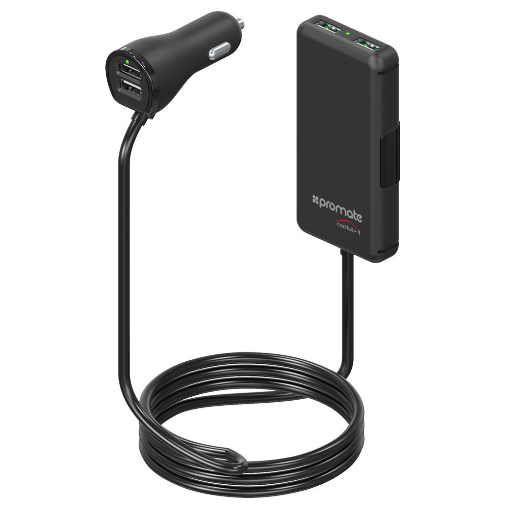 Promate 'CarHub-4' 7.2A Car Charger With 2 Usb Ports/2 Port Extended Usb Charging Hub, Black