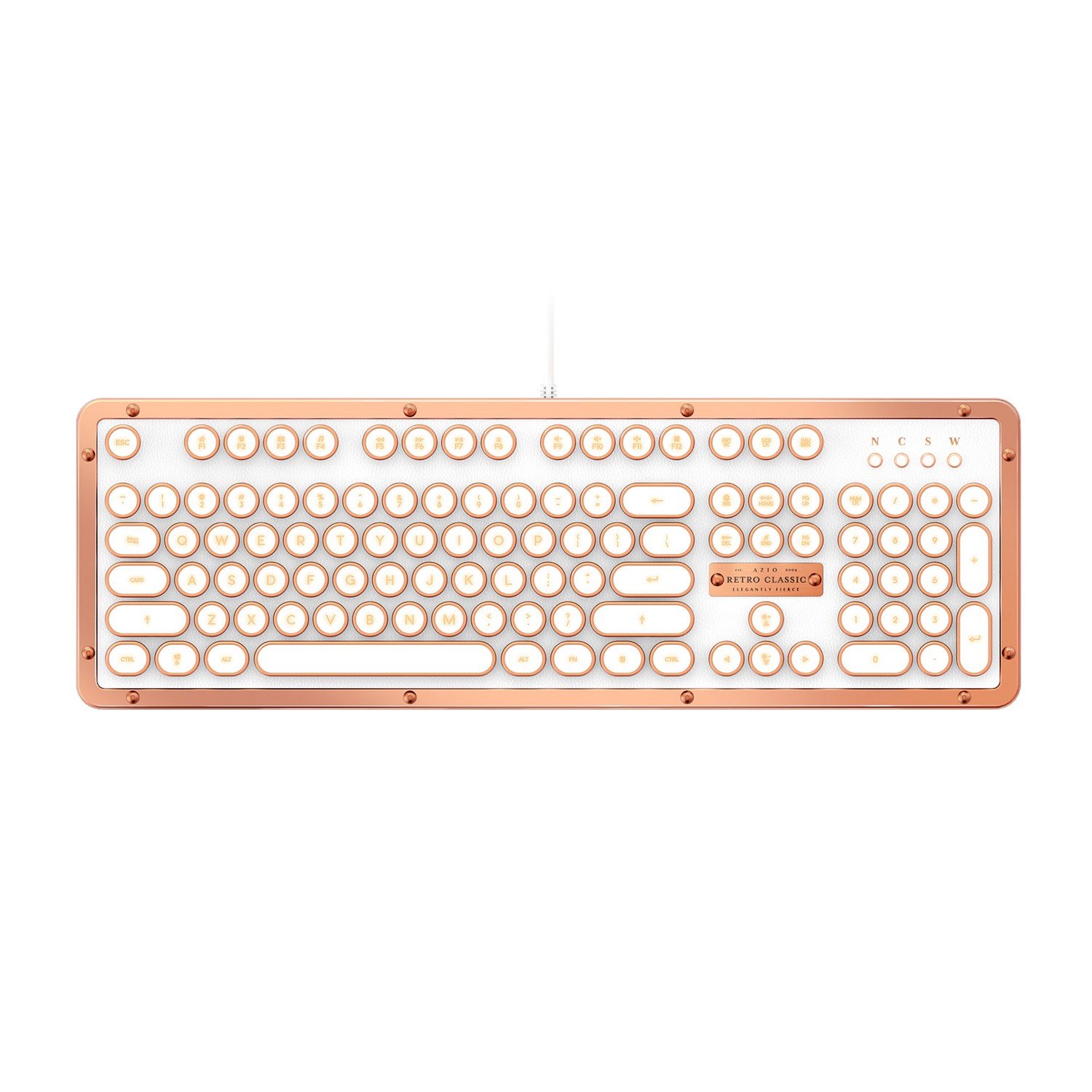 Azio MK Retro Classic Vintage Typewriter Backlit Mechanical Keyboard In Copper Alloy Trim And White