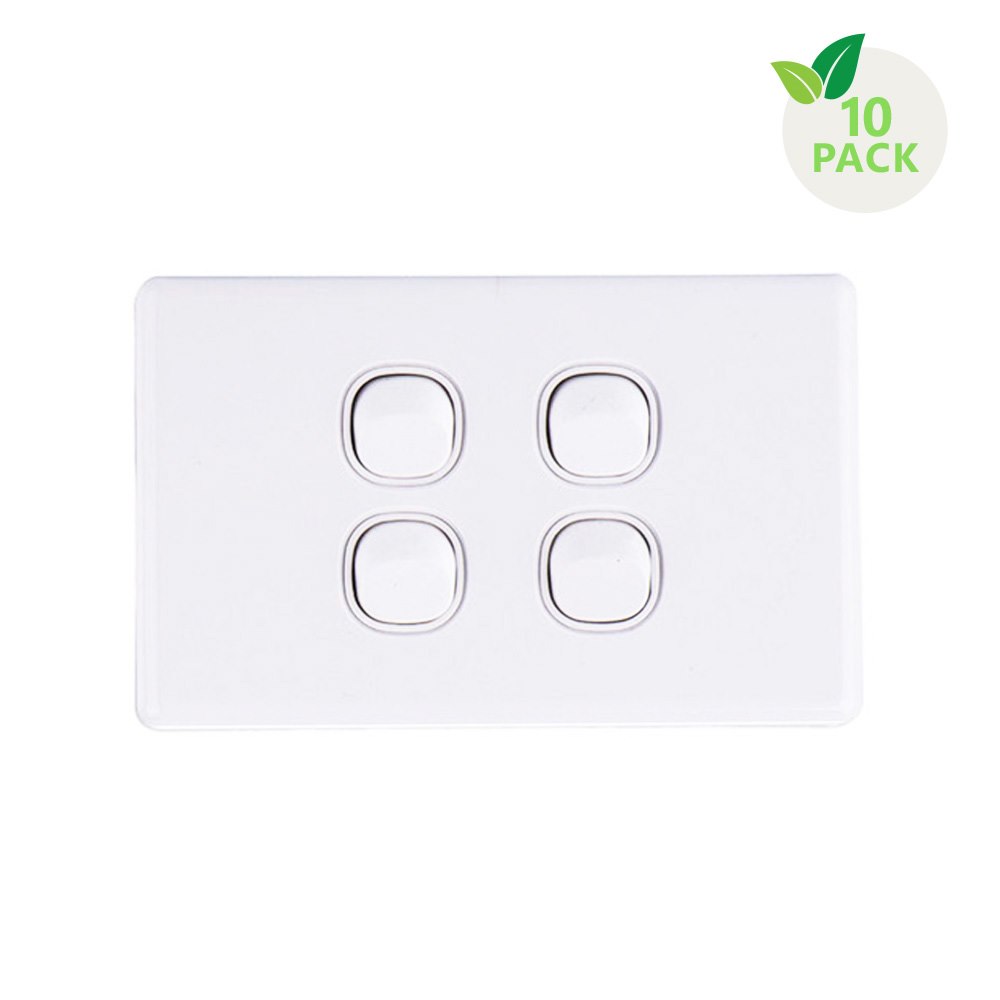 4Cabling 4C | Elegant Wall Switch 4 Gang 250V 16A - Horizontal - 10 Pack With 10 Free C-Clips