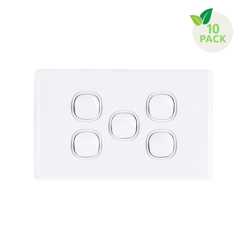 4Cabling 4C | Elegant Wall Switch 5 Gang 250V 16A - Horizontal - 10 Pack With 10 Free C-Clips