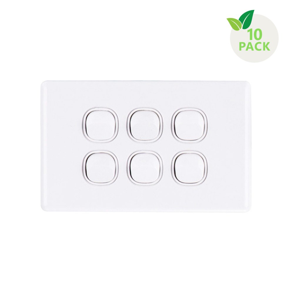 4Cabling 4C | Elegant Wall Switch 6 Gang 250V 16A - Horizontal - 10 Pack With 10 Free C-Clips