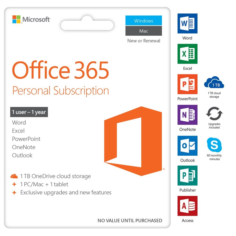 Microsoft Office 365 Personal ESD Licence - 1 PC or Mac & 1 Windows Tablet - 1 Year Subscription