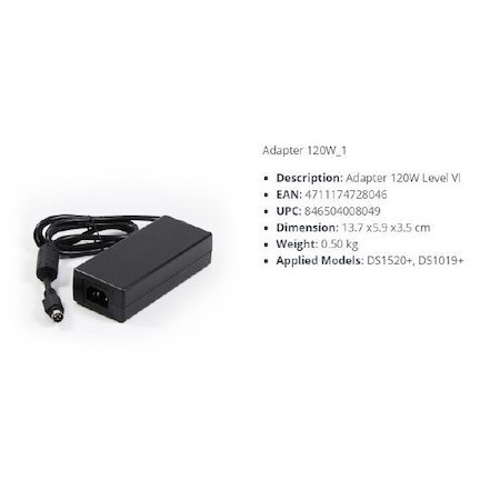 Synology Spare Part Ac Adapter 120W Level Vi For DS1520+ DS1019+