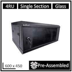 LDR Assembled 4U Wall Mount Cabinet (600MM X 450MM) Glass Door - Black Metal Construction - Top Fan Vents - Side Access Panels