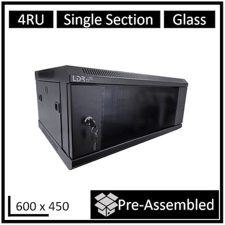 LDR Assembled 4U Wall Mount Cabinet (600MM X 450MM) Glass Door - Black Metal Construction - Top Fan Vents - Side Access Panels