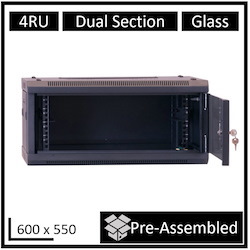 LDR Assembled 4U Hinged Wall Mount Cabinet (600MM X 550MM) Glass Door - Black Metal Construction - Top Fan Vents - Side Access Panels