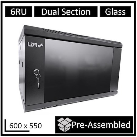 LDR Assembled 6U Hinged Wall Mount Cabinet (600MM X 550MM) Glass Door - Black Metal Construction - Top Fan Vents - Side Access Panels