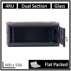 LDR Flat Packed 4U Hinged Wall Mount Cabinet (600MM X 550MM) Glass Door - Black Metal Construction - Top Fan Vents - Side Access Panels