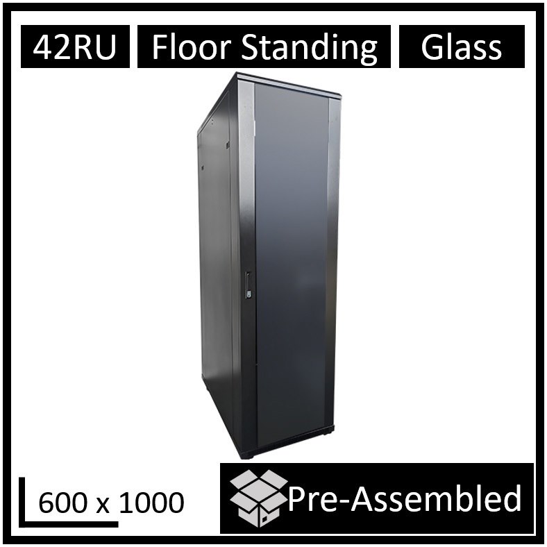 LDR Assembled 42U Server Rack Cabinet (600MM X 1000MM) Glass Door, 1X 8-Port Pdu, 1X 4-Way Fan, 2X Fixed Shelves - Black Metal Construction