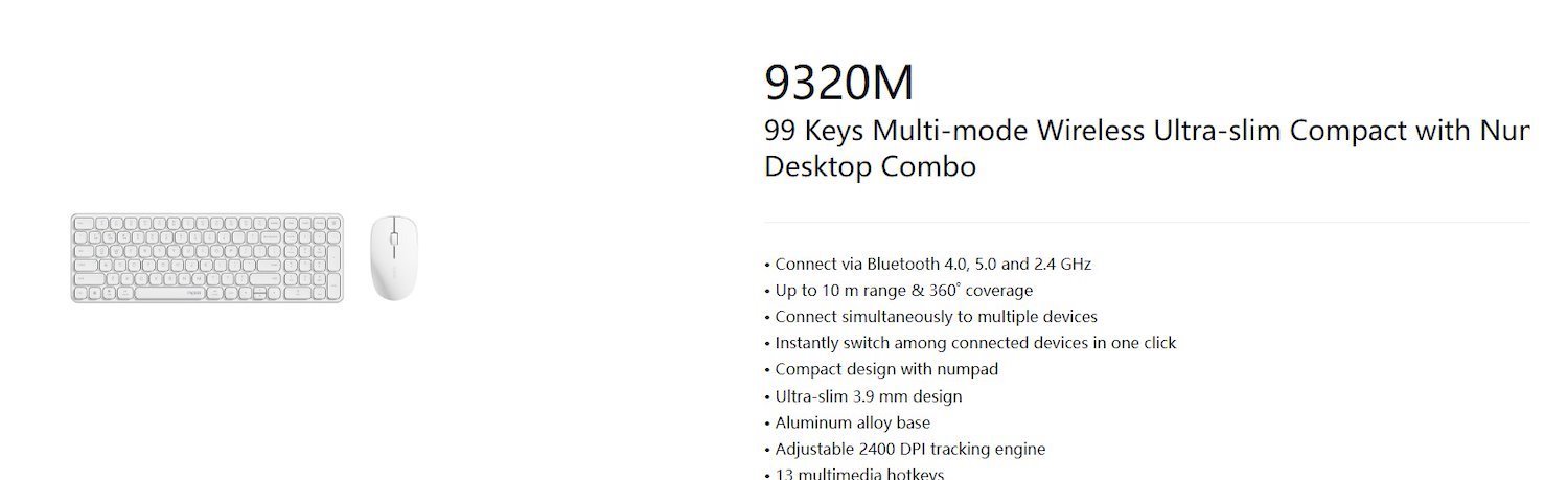 Rapoo 9320M Bluetooth 4.0, 5.0 + 2.4G Wireless Multi-Mode Keyboard Mouse Combo, Aluminum Base, 2400 Dpi, 10M Range, Compact White Retail Pack
