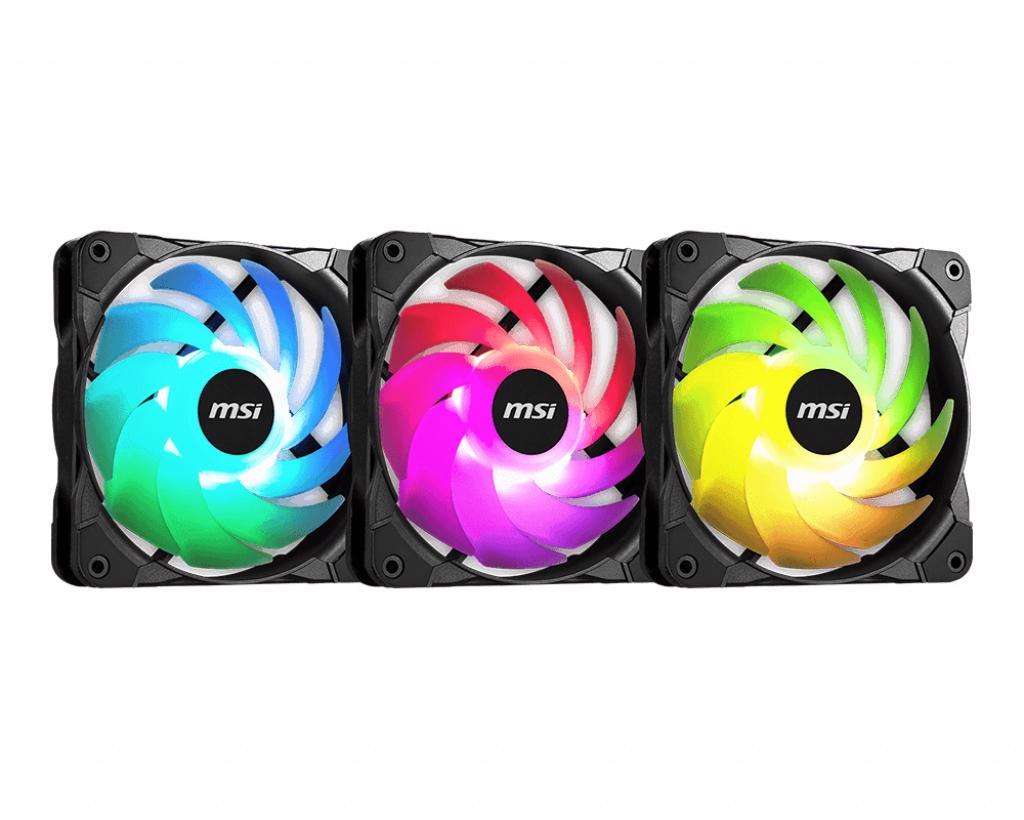 Msi Mag Max F12a-3 RGB 120MM Fan 3 Pack, A-Rgb, Hydro Bearing, 4-Pin PWM, 3-To1 Cable, Anti-Vibration, Mystic Light Extension