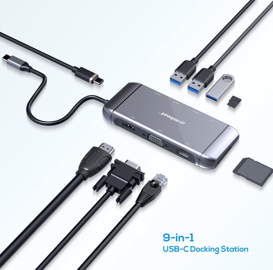 Mbeat® Elite X9 9-In-1 Multifunction Usb-C Docking Station Hdmi, Vga, Usb-C PD, Usb 3.0 X 3