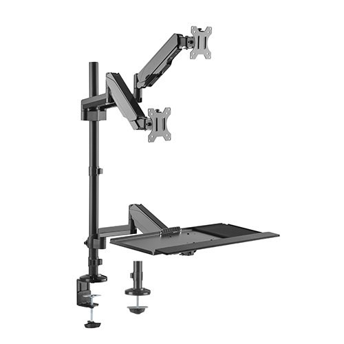 Brateck Pole Held Floating Sit-Stand Desk Converter With Dual Monitor Mount, For Most 17'-32', Up To 8kg/Screen, 360° Screen Rotation