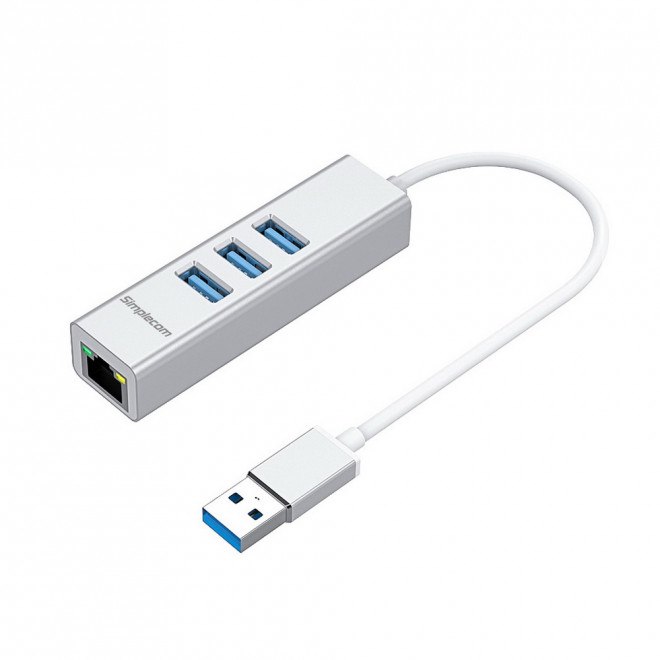 Simplecom CHN420 Silver Aluminium 3 Port SuperSpeed Usb Hub With Gigabit Ethernet Adapter