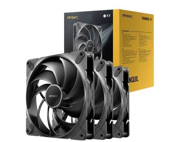 Antec Tranquil140, PWM, 2000RPM, 59.23CFM, 2.46mmH₂O, 4 Pin PWM Connector, 140MM X 25MM Performance Case Fan, Tranquil Series 3 Pack