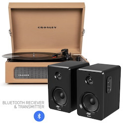 Crosley Voyager Bluetooth Portable Turntable - Tan + Bundled Majority D40 Bluetooth Speakers - Black